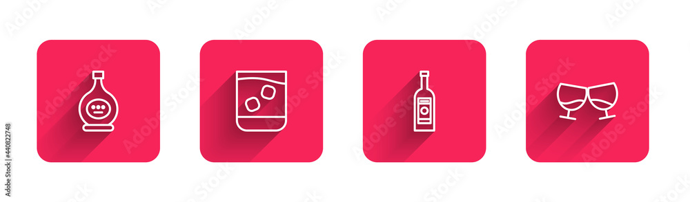 Set line Bottle of cognac or brandy, Glass whiskey, bottle vodka and with long shadow. Red square button. Vector Set line Bottle of cognac or brandy, Glass whiskey, bottle vodka and with long shadow. Red square button. Vector