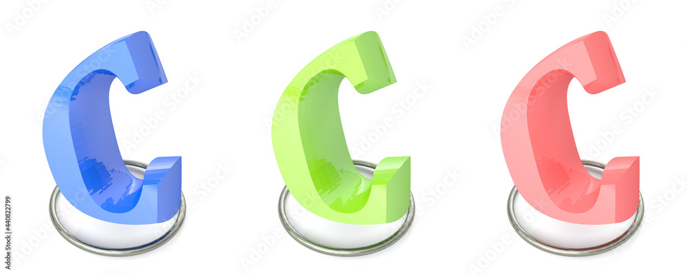 Icon set with C alphabetic letter in three different colors - 3D rendering illustration Icon set with C alphabetic letter in three different colors - 3D rendering illustration