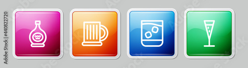 Set line Bottle of cognac or brandy, Wooden beer mug, Glass whiskey and champagne. Colorful square button. Vector