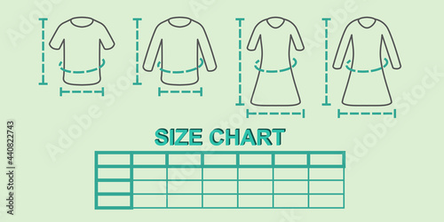 Size chart for men's and women's tops, short or long. With a line of measuring height, width and overall clothing. Editable as needed.