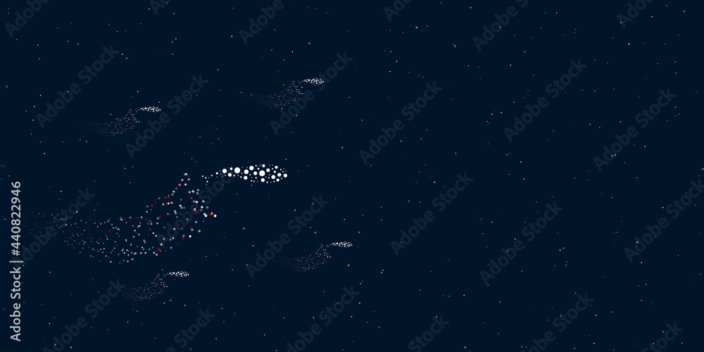 A whale symbol filled with dots flies through the stars leaving a trail behind. Four small symbols around. Empty space for text on the right. Vector illustration on dark blue background with stars