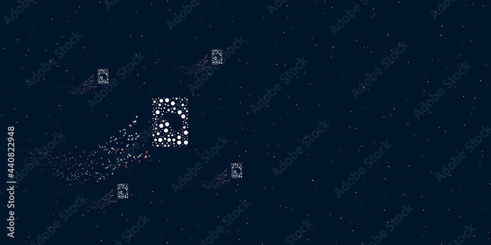 A washer symbol filled with dots flies through the stars leaving a trail behind. Four small symbols around. Empty space for text on the right. Vector illustration on dark blue background with stars