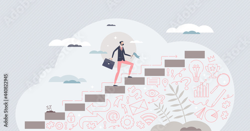 Business success as leader climbing achievement steps tiny person concept. Company progress, development and performance growth with self aspiration, ambition and perseverance vector illustration.