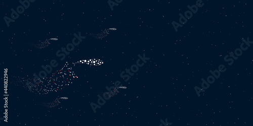 A whale symbol filled with dots flies through the stars leaving a trail behind. Four small symbols around. Empty space for text on the right. Vector illustration on dark blue background with stars