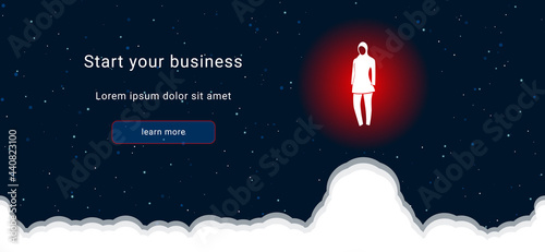 Business startup concept Landing page screen. The burkini symbol on the right is highlighted in bright red. Vector illustration on dark blue background with stars and curly clouds from below
