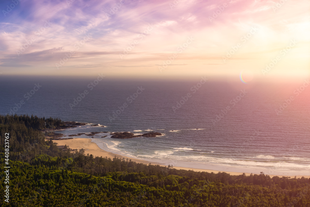 Aerial seascape view from an airplane on the Pacific Ocean West Coast. Sunset Sky Art Render. Taken near Tofino and Ucluelet, Vancouver Island, British Columbia, Canada.