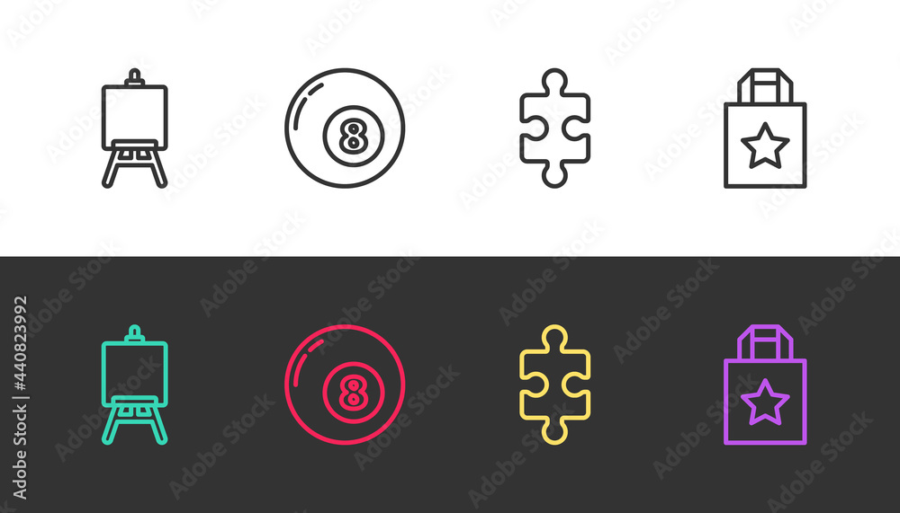Fototapeta premium Set line Easel or painting art boards, Billiard pool snooker ball, Piece of puzzle and Paper shopping bag on black and white. Vector