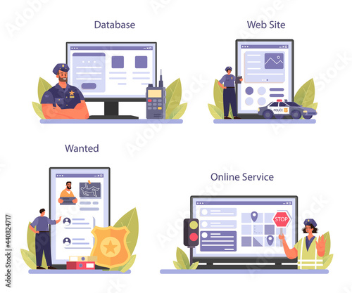 Policeman online service or platform set. Detective making interrogation