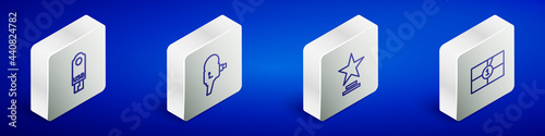 Set Isometric line USB flash drive, Retro cinema camera, Movie trophy and Old film movie countdown frame icon. Vector