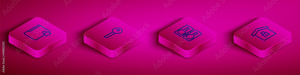 Set Isometric line Folder and lock, Key, Casting keys and House under protection icon. Vector Set Isometric line Folder and lock, Key, Casting keys and House under protection icon. Vector