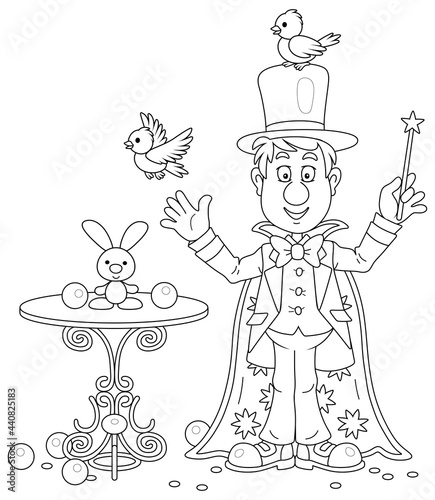 Artful circus magician illusionist with a mysterious hat and a magic wand, conjuring tricks with a small white rabbit and birds in an entertaining show on a stage, vector cartoon illustration