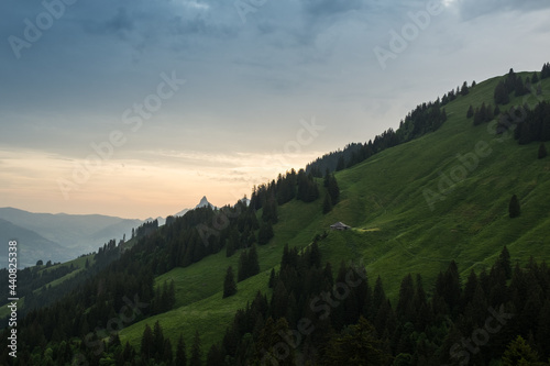 Landscape view of the swiss Alps from the mountain of "Moleson", shot in Gruyere, Fribourg, Switzerland
