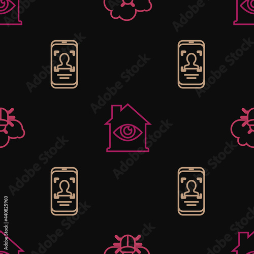 Set line System bug on a cloud, Mobile and face recognition and House with eye scan on seamless pattern. Vector