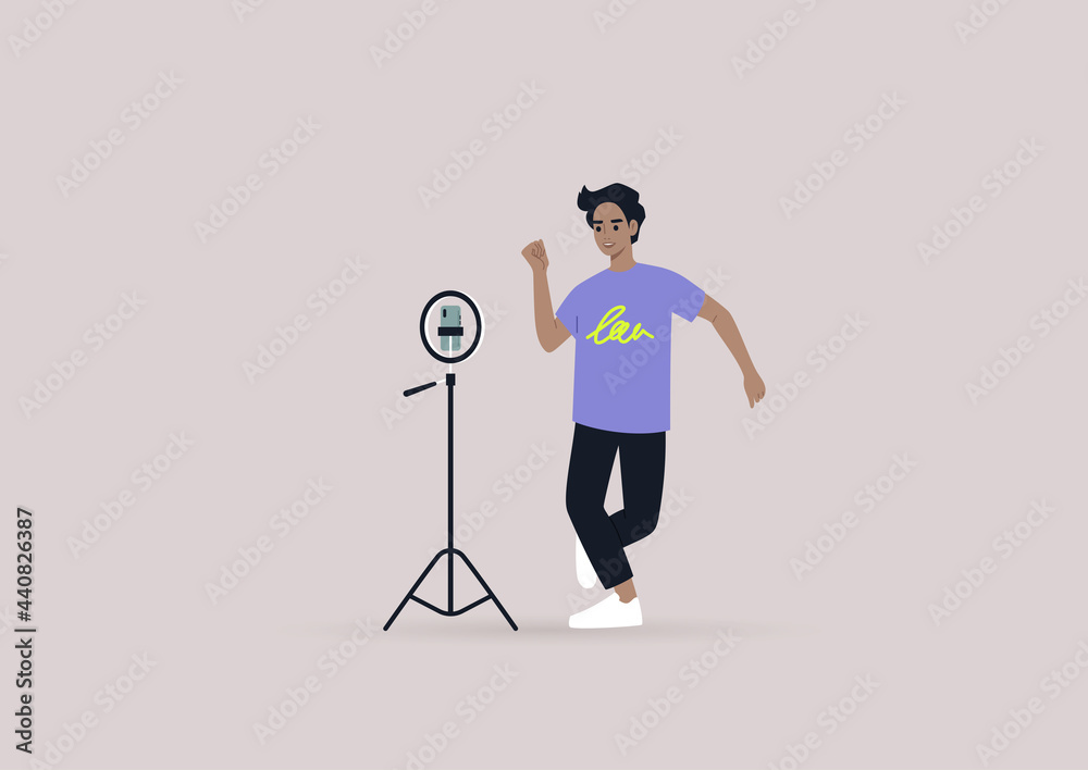 Fototapeta premium A young male character recording a dancing challenge video with their mobile phone on a tripod, modern gen z lifestyle