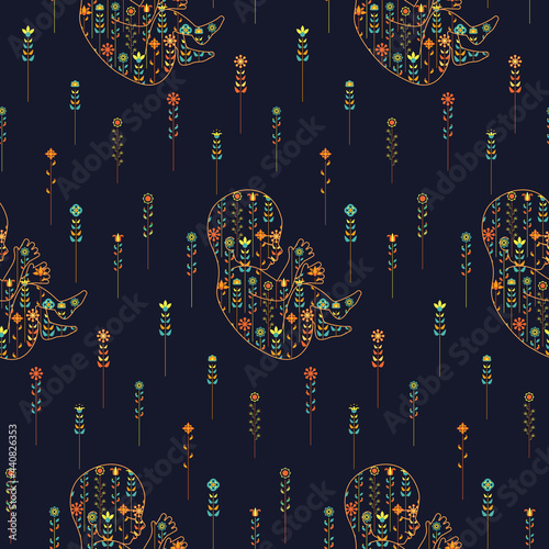 seamless patterns. Modern geometric abstract floral style. Set of vector illustrations on floral summer motive and conception of a child. Flowers, plants, line, child are simple shapes.