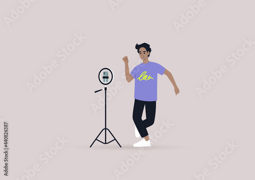 A young male character recording a dancing challenge video with their mobile phone on a tripod, modern gen z lifestyle