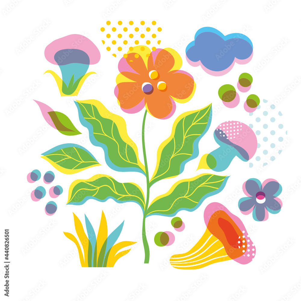 Flowers and mushrooms. Cartoon vector illustration, banner, art print, flyer . White background, offset effect, greeting card design.