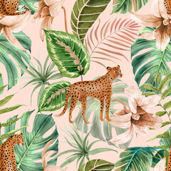 Keuken achterwand Afrikaanse dieren patronen Luipaarden tussen tropische planten aquarel  © Lana