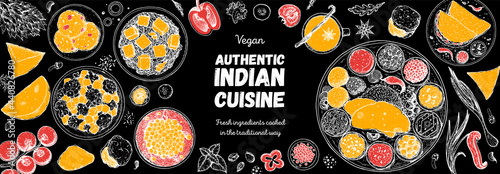 Indian food illustration. Hand drawn sketch. Indian cuisine. Vector illustration. Menu background. Engraved style.