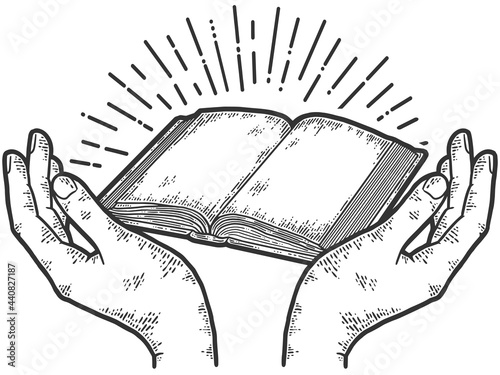 Hands extol the book. Sketch scratch board imitation coloring.