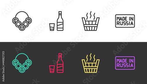 Set line Russian bagels, Bottle of vodka with glass, Sauna bucket and Made in on black and white. Vector