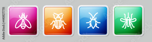 Set line Bee, Chafer beetle, Cockroach and Mosquito. Colorful square button. Vector