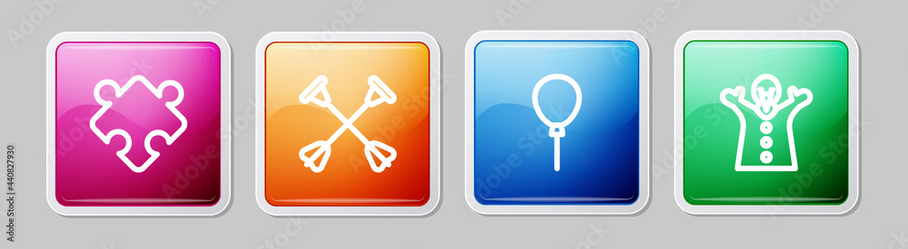 Set line Puzzle pieces toy, Arrow with sucker tip, Balloons ribbon and Toy puppet doll hand. Colorful square button. Vector Set line Puzzle pieces toy, Arrow with sucker tip, Balloons ribbon and Toy puppet doll hand. Colorful square button. Vector