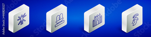 Set Isometric line Vitruvian Man, Fountain, Milan Cathedral and Roman army helmet icon. Vector