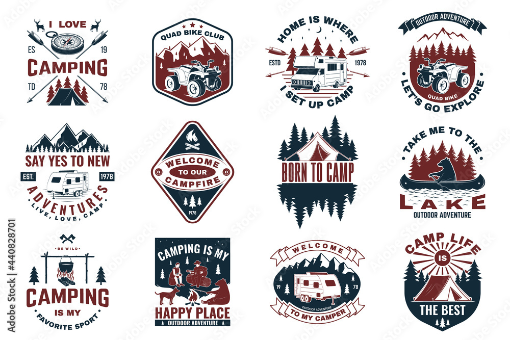 Set of camping badges with design element. Vector. Concept for shirt or logo, print, stamp or tee. - obrazy, fototapety, plakaty 