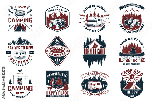 Set of camping badges with design element. Vector. Concept for shirt or logo, print, stamp or tee.