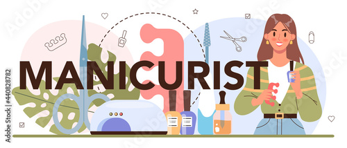 Manicurist typographic header. Beauty salon worker. Nail treatment