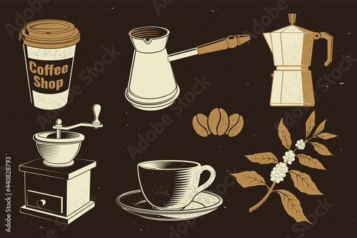 Vintage coffee equipment. Vector. Set include paper coffee cup, grinder, beans, cup and branch of coffee tree silhouette. Icon for menu for restaurant, cafe, bar, packaging