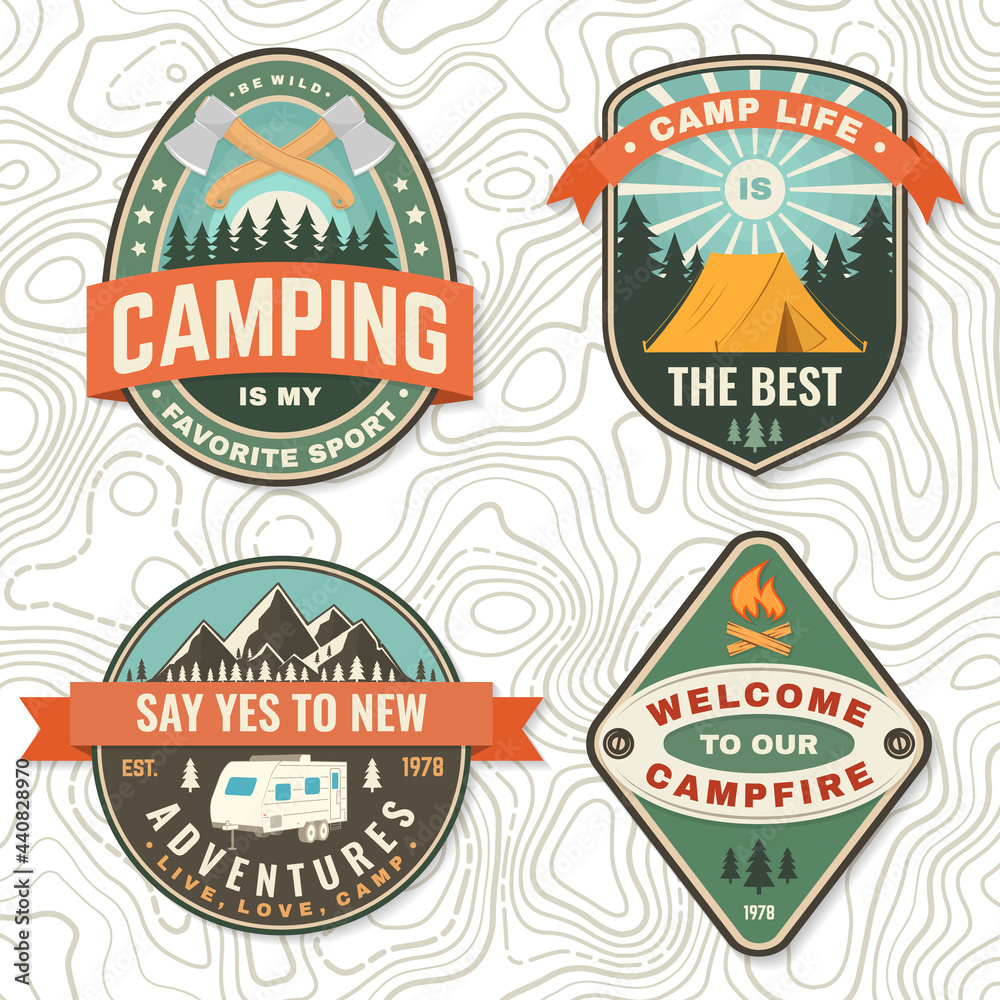 Set of camping badges. Vector Patch or sticker. Concept for shirt or logo, print, stamp or tee. Vintage typography design with quad bike, tent, mountain, camper trailer and forest silhouette.