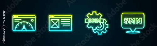 Set line Website statistic, Browser window, Social media marketing and . Glowing neon icon. Vector