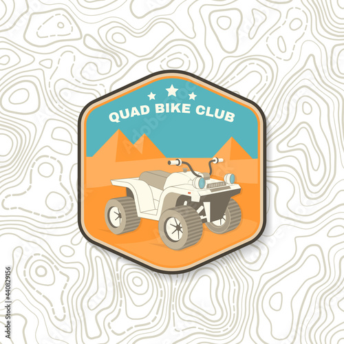 Quad bike club. Summer camp. Vector Patch or sticker. Concept for shirt or logo, print, stamp or tee. Vintage typography design with quad bike near Egypt pyramids silhouette. Camping quote.