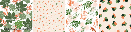 Set of seamless pattern of tropical, exotic leaves, plants, palm trees, monstera, simple geometric shapes. Bright, summer jungle print for fabrics, textiles, design. Vector graphics.