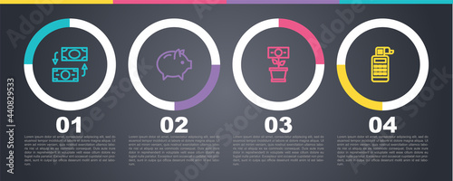 Set line Money exchange, Piggy bank, plant in the pot and Cash register machine. Business infographic template. Vector