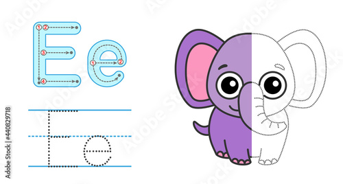 Trace the letter and picture and color it. Educational children tracing game. Coloring alphabet. Letter E and funny elephant