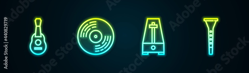 Set line Guitar, Vinyl disk, Metronome with pendulum and Clarinet. Glowing neon icon. Vector