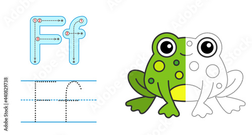 Trace the letter and picture and color it. Educational children tracing game. Coloring alphabet. Letter F and funny frog