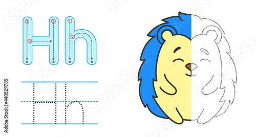 Trace the letter and picture and color it. Educational children tracing game. Coloring alphabet. Letter H and funny cartoon hedgehog