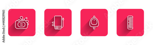Set line Bar of soap, Electric boiler, Toilet urinal or pissoir and Hairbrush with long shadow. Red square button. Vector
