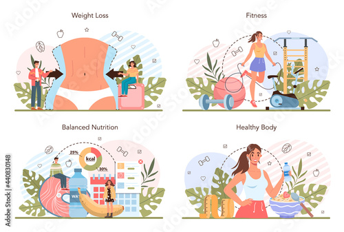 Weight loss concept set. Idea of fitness and healthy diet. Overweight person