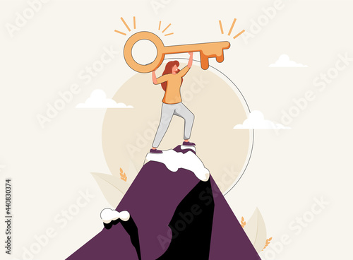 Key to business success, stairway to find secret key or achieve career target concept, businessman winner walk up to top