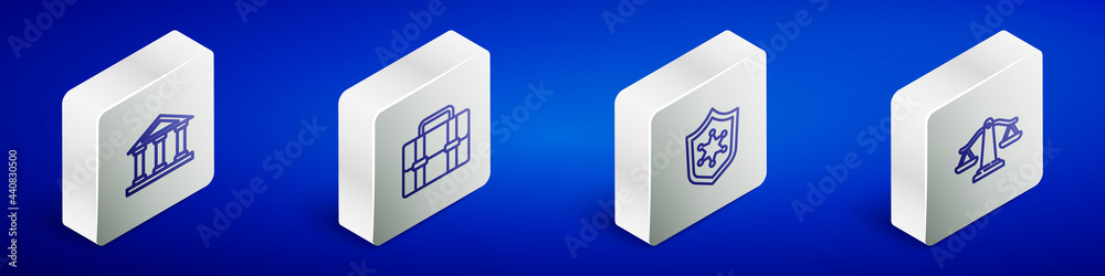 Set Isometric line Courthouse building, Briefcase, Police badge and Scales of justice icon. Vector