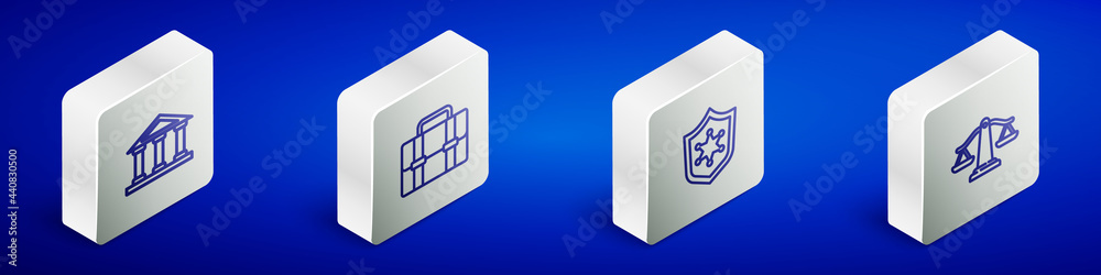 Set Isometric line Courthouse building, Briefcase, Police badge and Scales of justice icon. Vector Set Isometric line Courthouse building, Briefcase, Police badge and Scales of justice icon. Vector