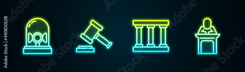 Set line Flasher siren, Judge gavel, Prison window and . Glowing neon icon. Vector
