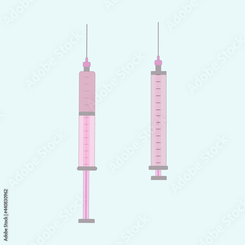 Empty syringe and full syringe. For vaccination, injection, medical use. Vector illustration, flat design.Vector medical syringe icon set. Syringes are filled with a solution of vaccine. Illustration 