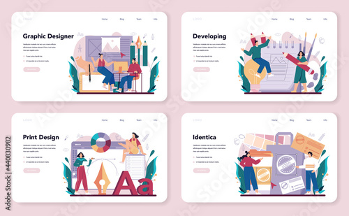 Graphic designer web banner or landing page set. Digital artist creating brand
