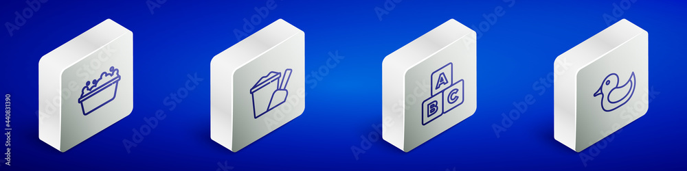 Set Isometric line Baby bathtub, Sand in bucket with shovel, ABC blocks and Rubber duck icon. Vector